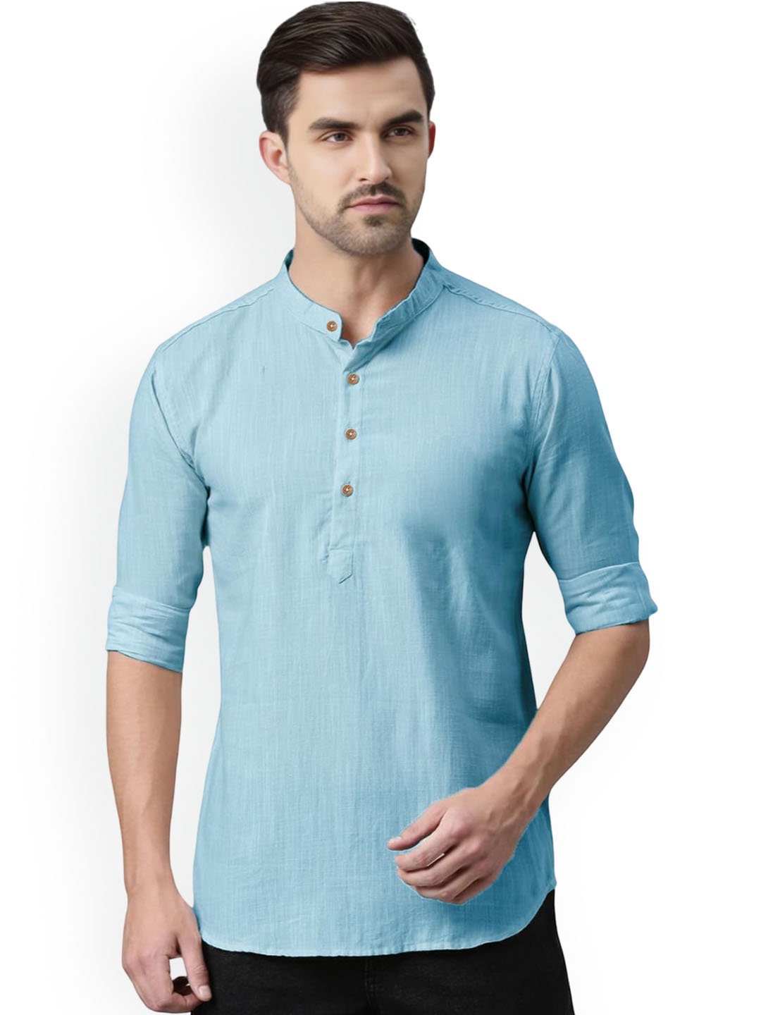 

Vida Loca Band Collar Cotton Straight Short Kurta, Blue