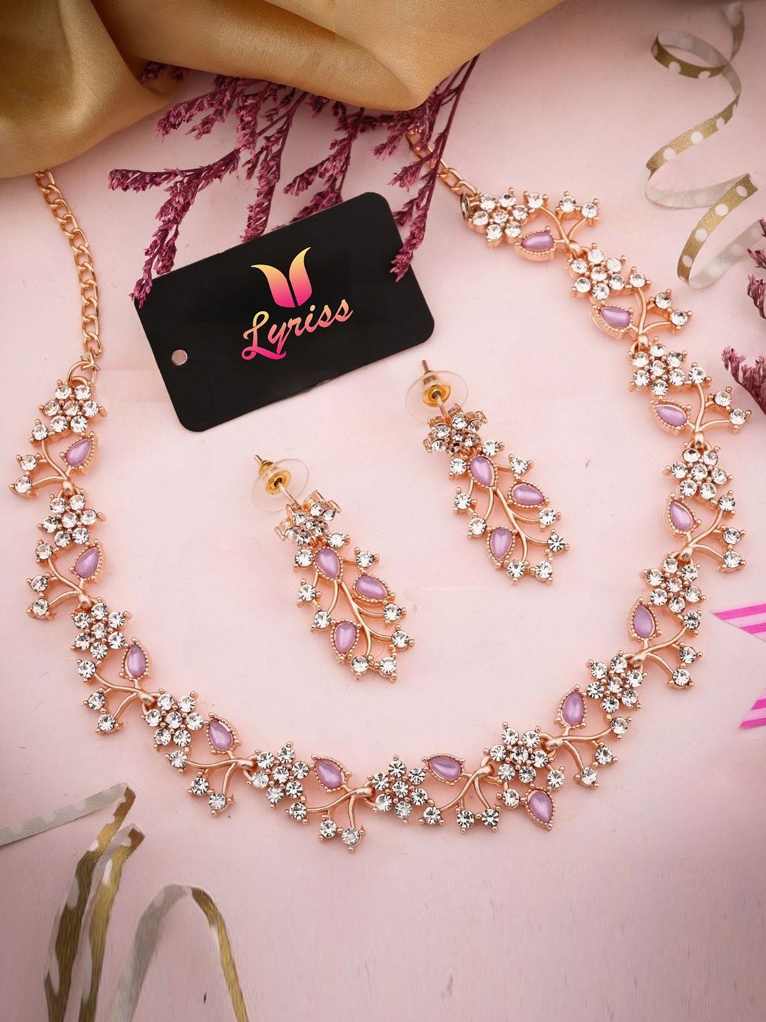 

Anouk Gold-Plated American Diamonds & Stones Studded Necklace With Earrings