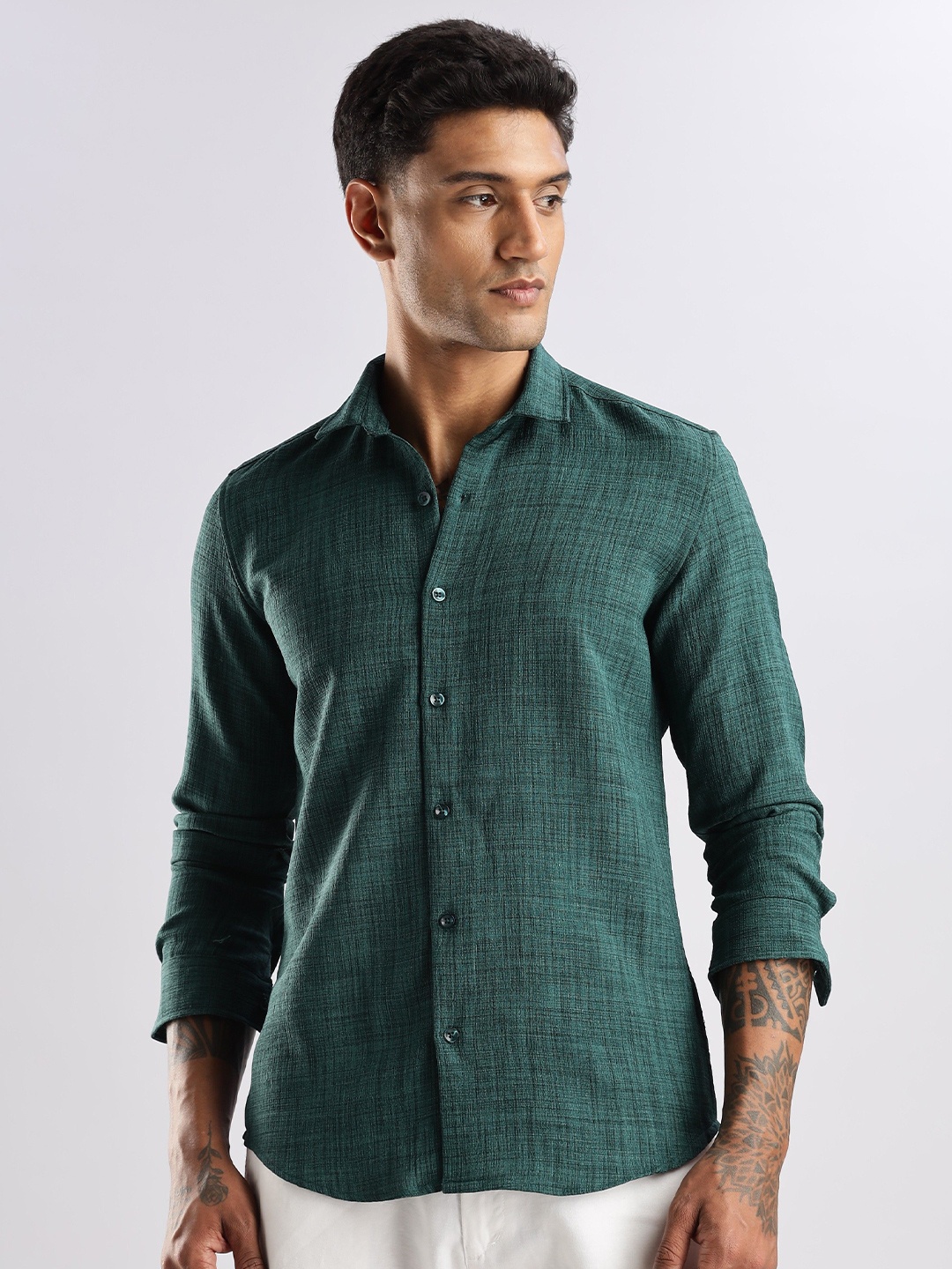 

NEVER NEUD Men Air Like Linen Vintage Regular Slim Fit Casual Shirt, Olive