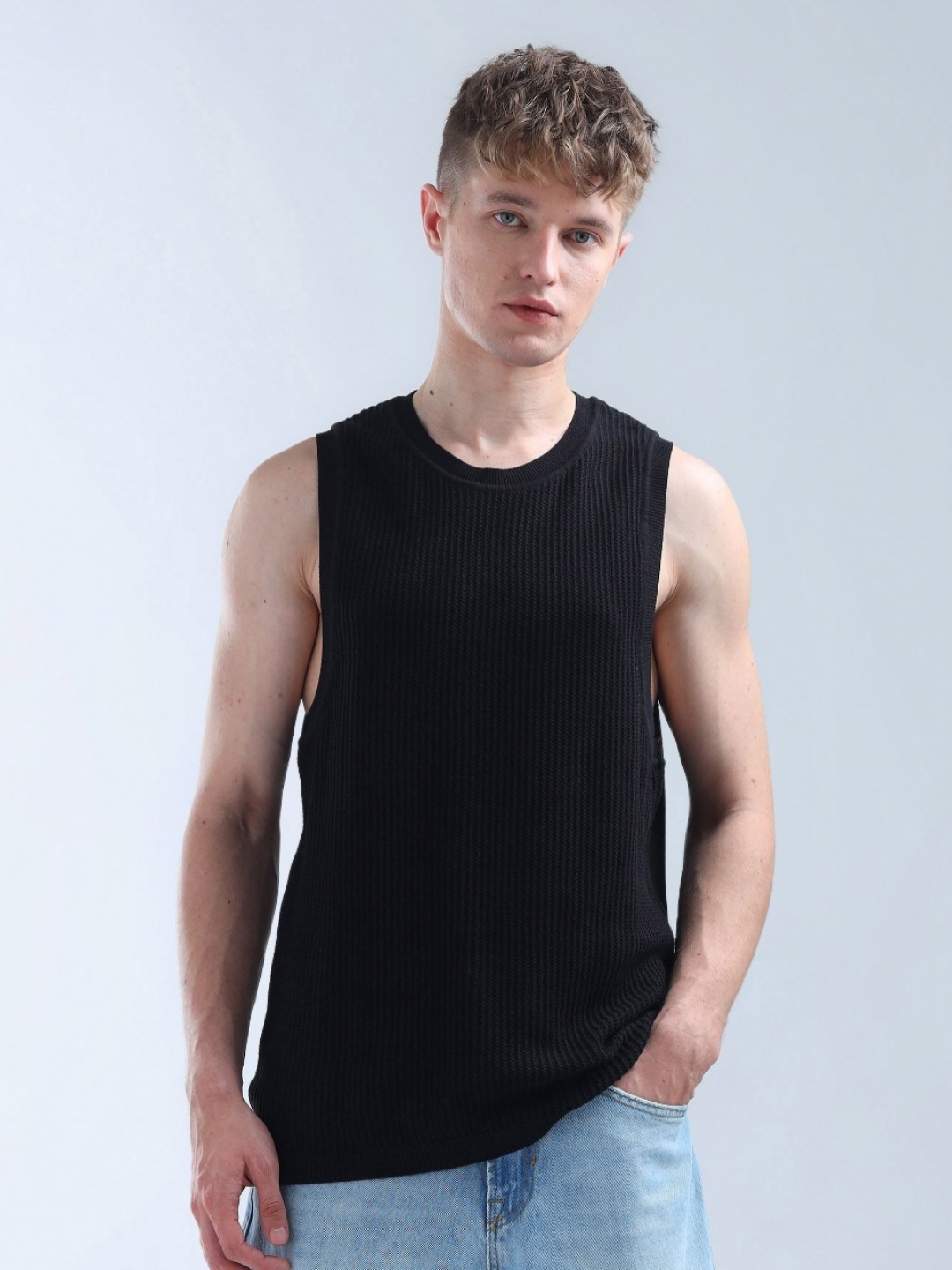 

Flying Machine Men Self Design Round Neck Cotton Relaxed Fit T-shirt, Black