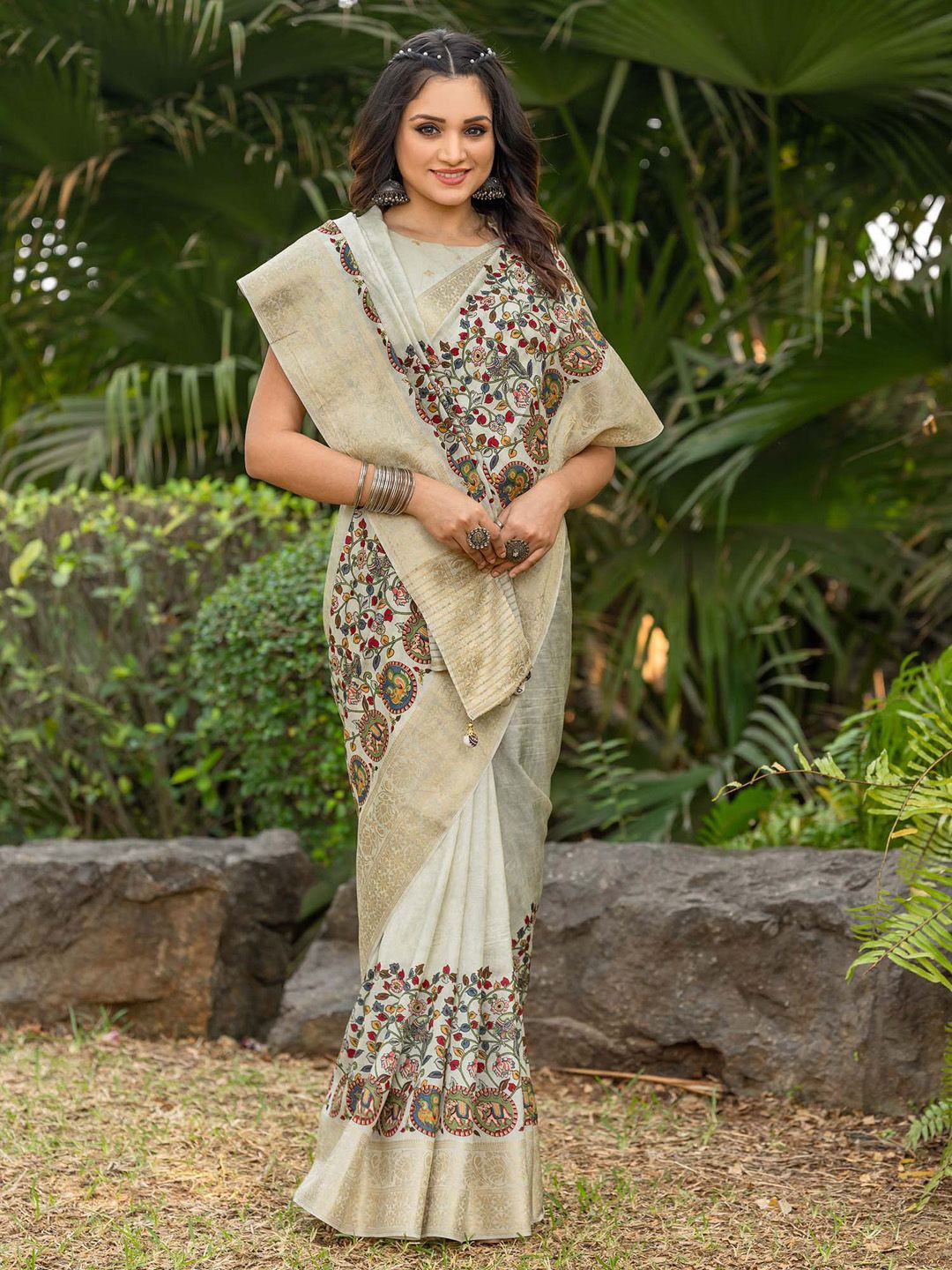 

Anouk Kalamkari Zari Sungudi Saree, Off white