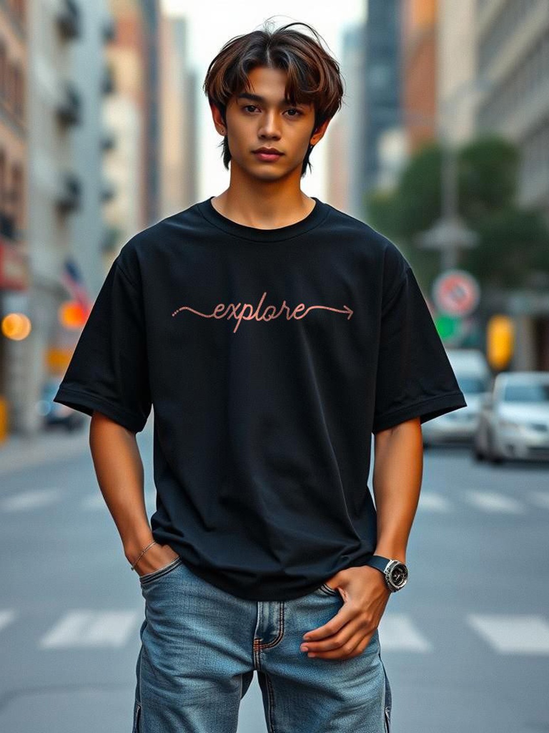 

TOGS & TERRE Men Graphic Printed Round Neck Cotton Oversized T-shirt, Black