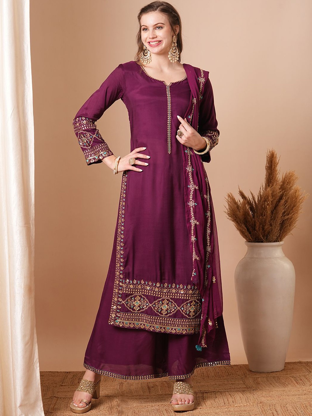 

FASHOR Notch-Neck Floral Embroidered Straight Kurta With Palazzos & Dupatta, Purple