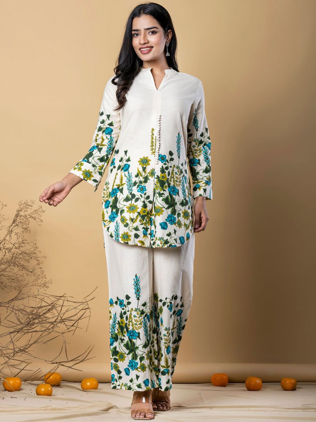 

Readiprint Fashions Floral Printed Mandarin Collar Tunic With Palazzos, Off white