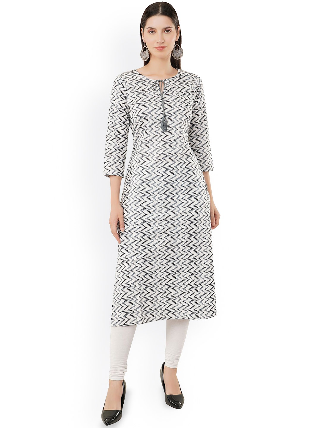 

SHAHVEER CREATION Floral Printed Cotton Tie-Up Neck Straight Kurta, White
