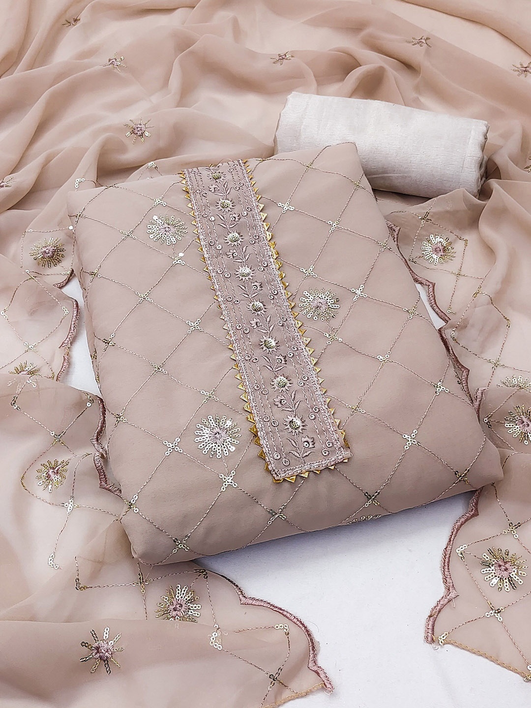 

SAINOOR Floral Embroidered Silk Georgette Unstitched Dress Material, Beige
