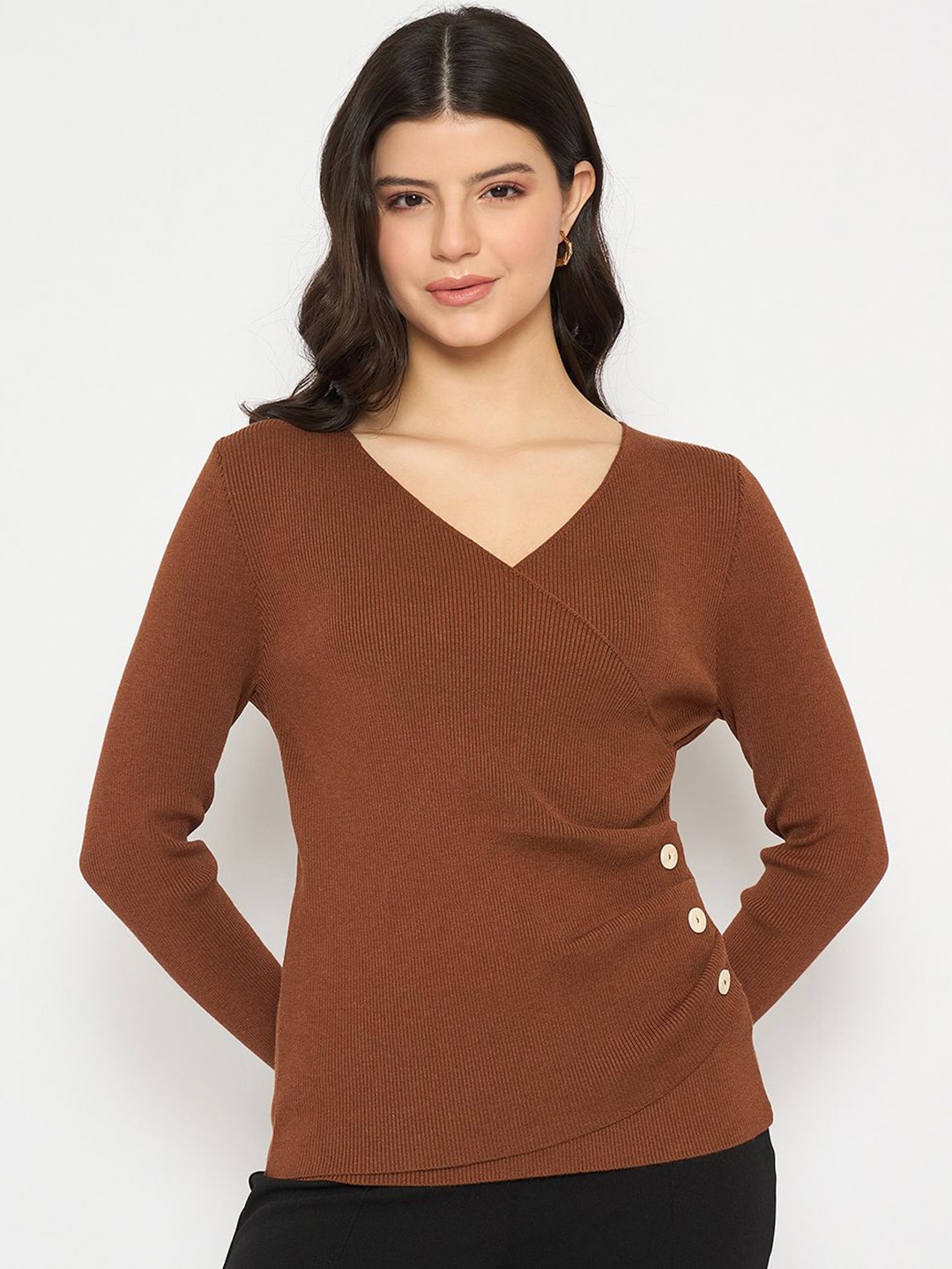 

Madame Women V-Neck Long Sleeves Pullover, Tan