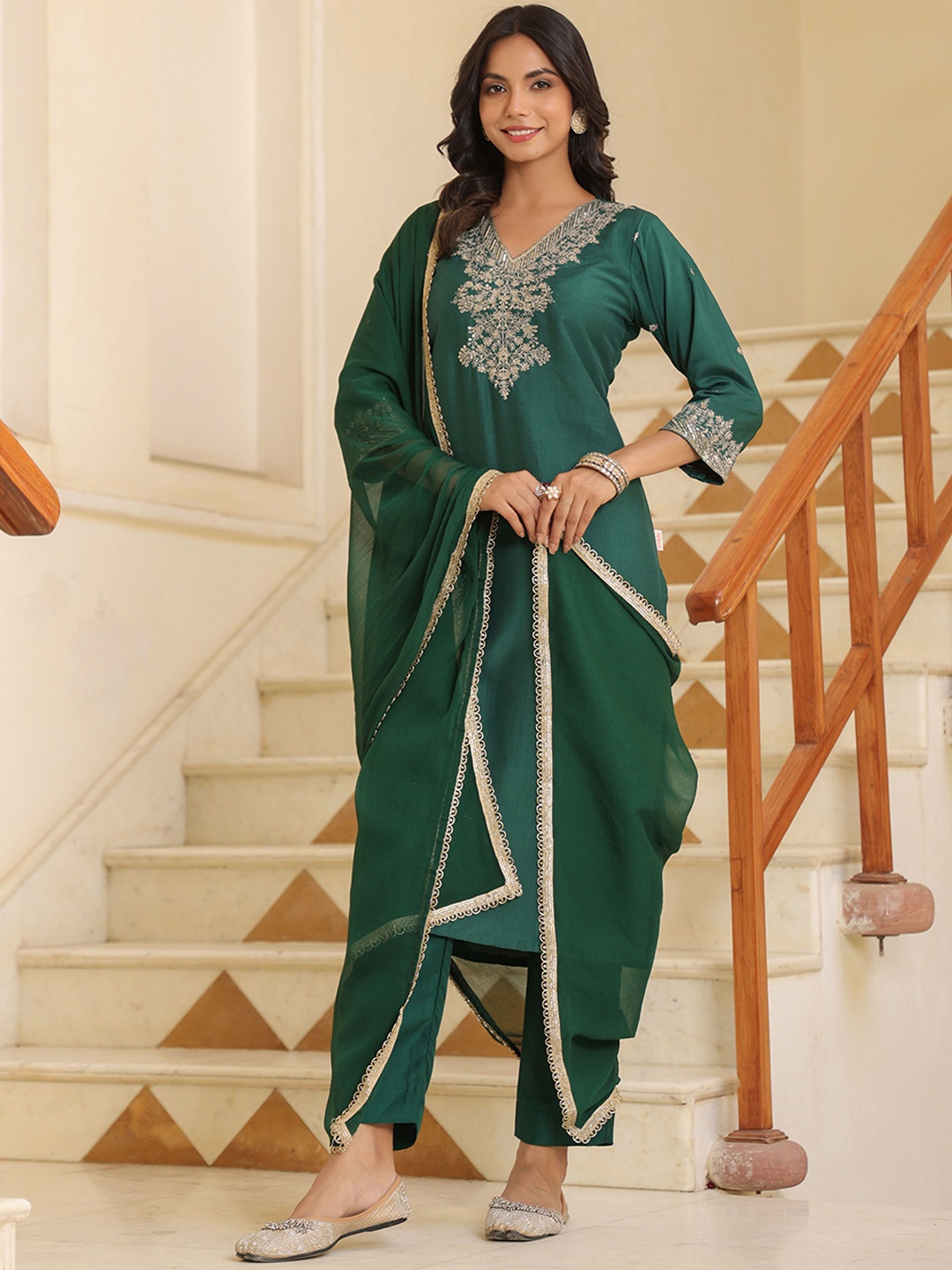 

KALINI Embroidered Thread Work V Neck Kurta With Trousers & Dupatta, Green