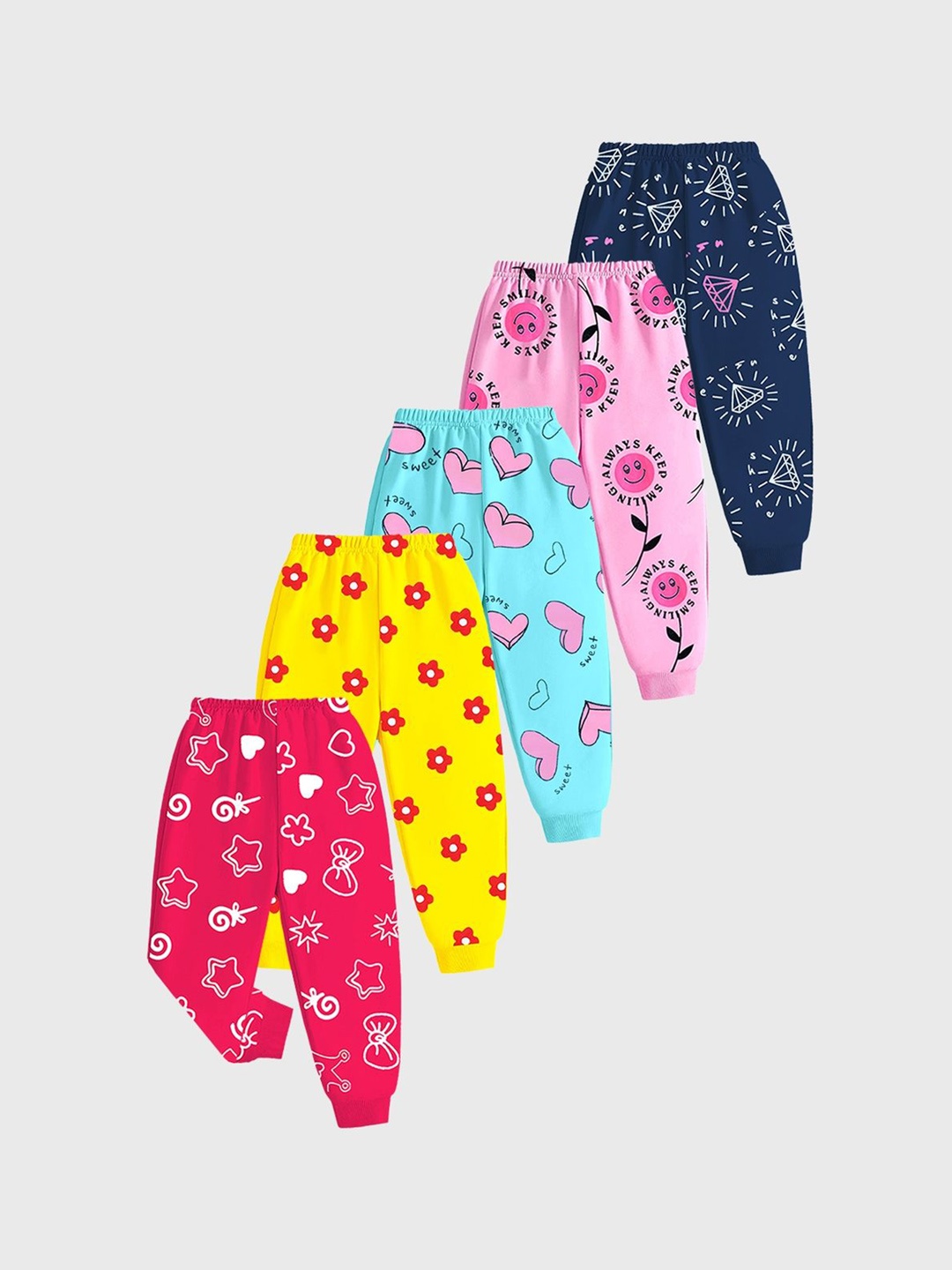 

KUCHIPOO Infant Gilrs Pack Of 5 Printed Joggers, Yellow