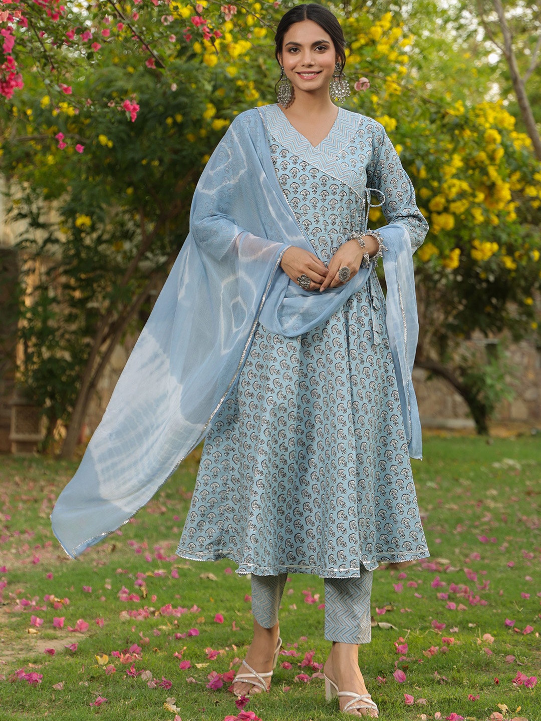 

KALINI Floral Printed V-Neck Pure Cotton Angrakha Kurta With Trousers & Dupatta, Grey