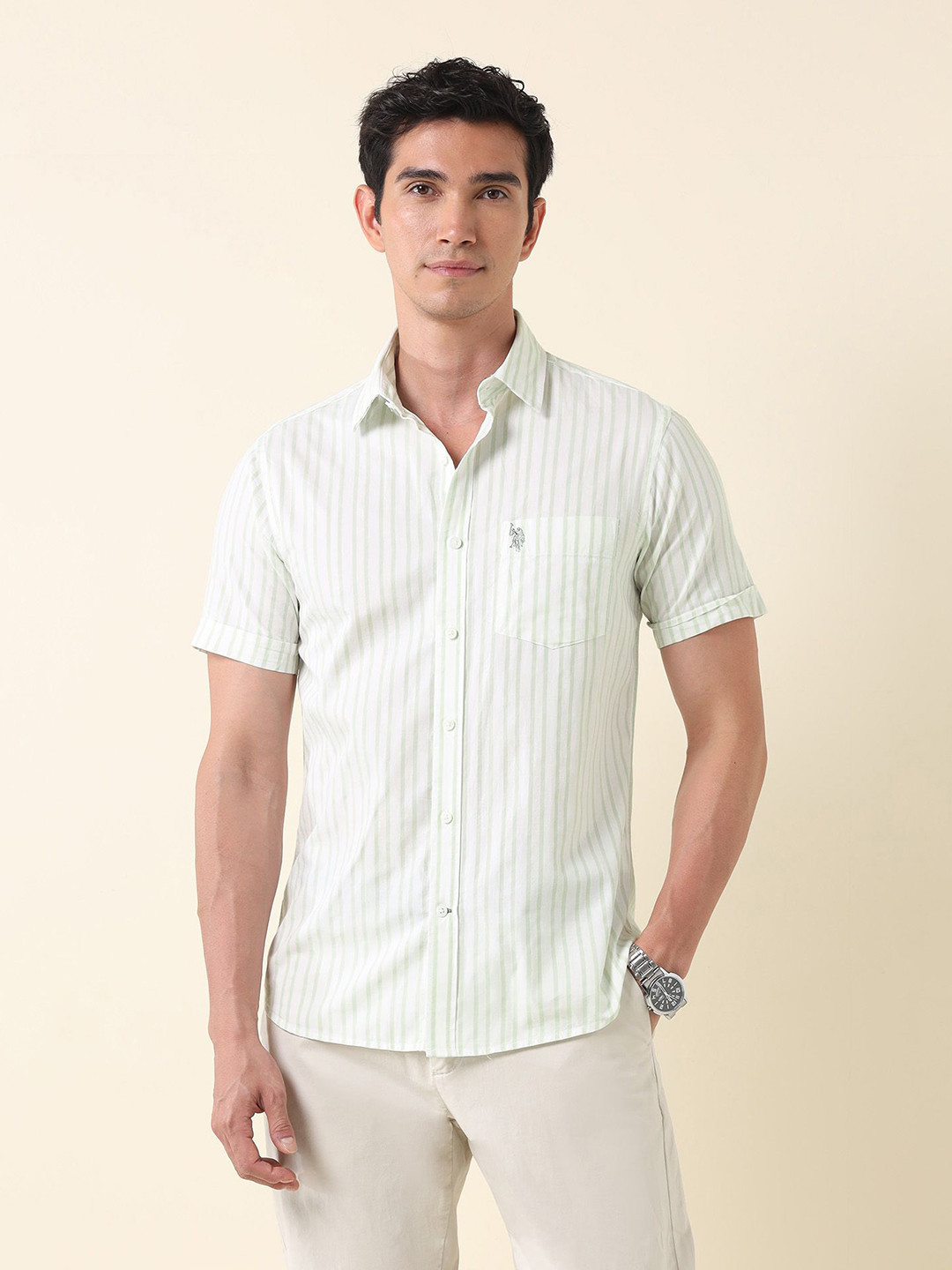 

U.S. Polo Assn. Men Tailored Fit Opaque Striped Casual Shirt, Green