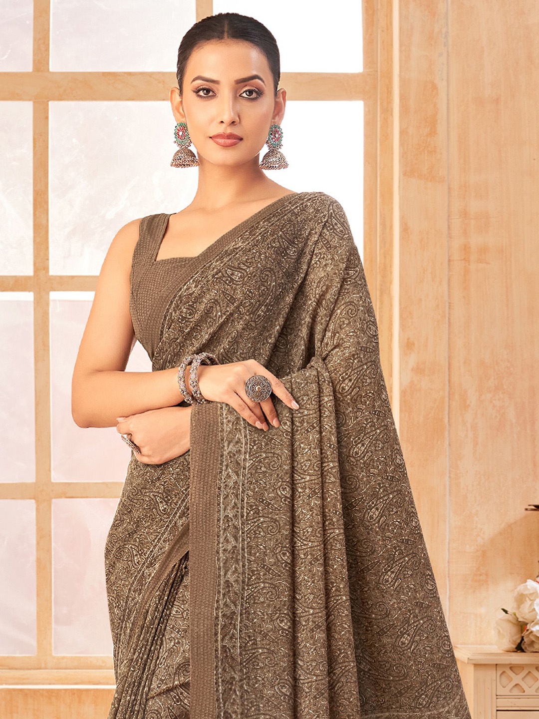 

Anouk Rustic Paisley Printed Pure Georgette Dabu Saree, Brown