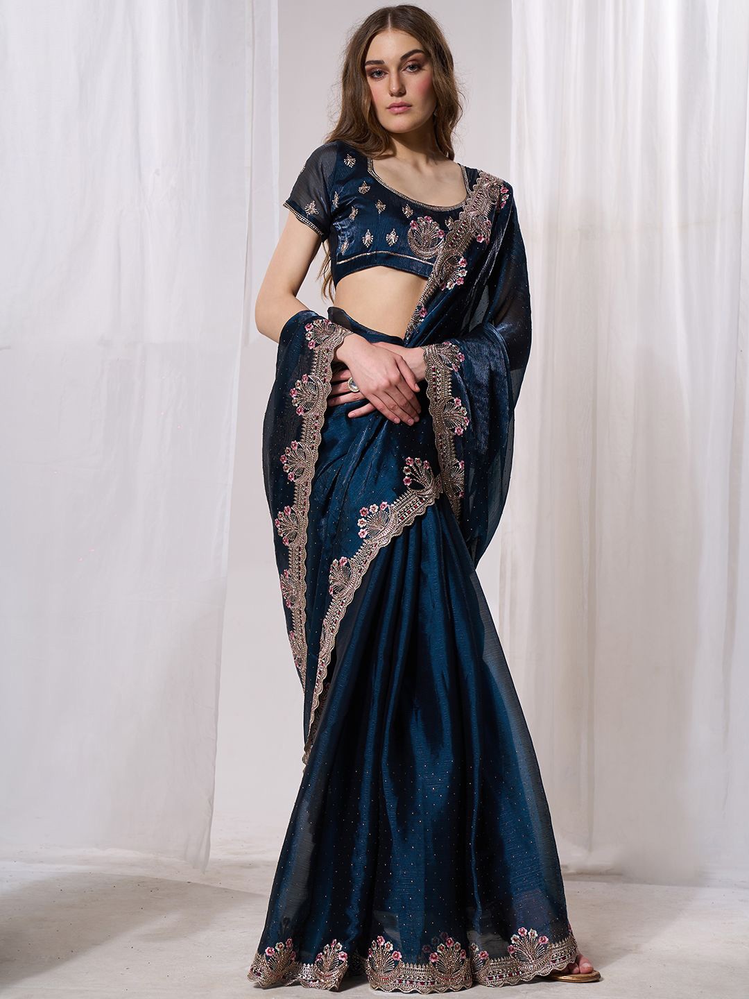 

Mitera Floral Embroidered Organza Saree, Teal