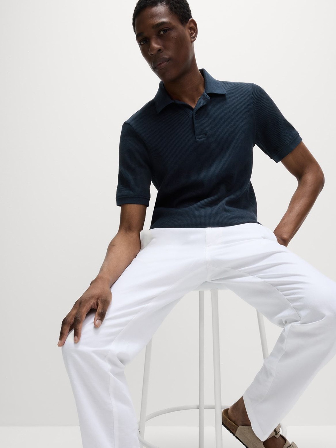 

Marks & Spencer Men Self Design Polo Collar Cotton T-shirt, Navy blue