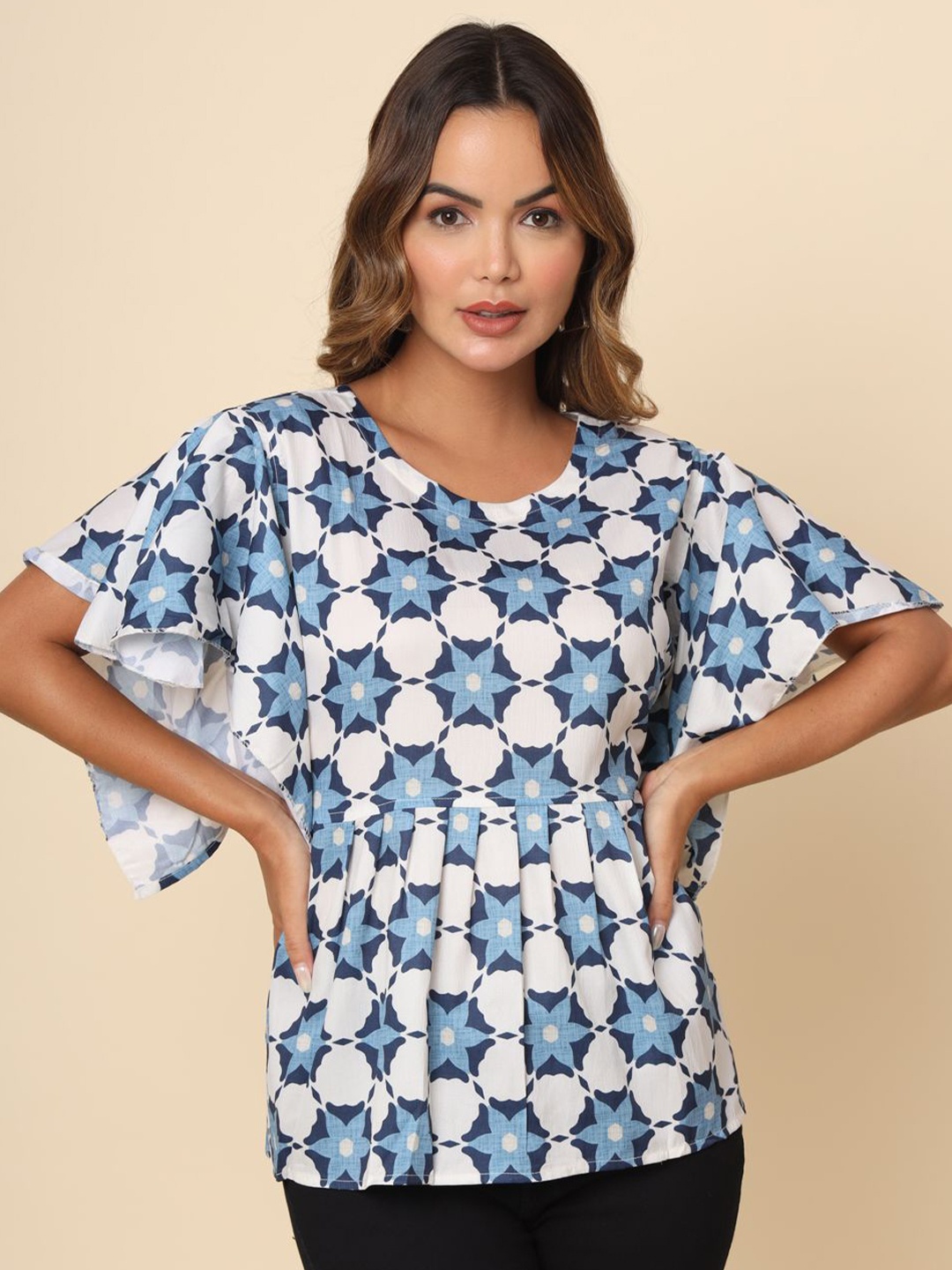 

DressBerry Print Flutter Sleeve Crepe Top, Navy blue