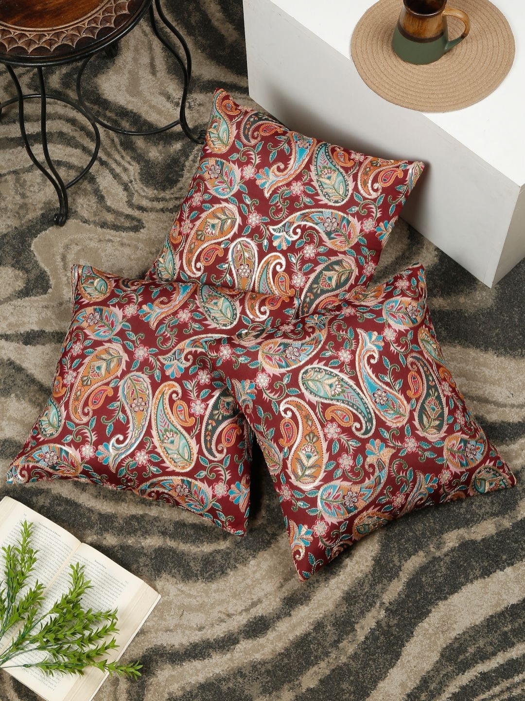 

HOSTA HOMES Maroon & Blue 3 Pieces Ethnic Motifs Embellished Square Cushion Covers