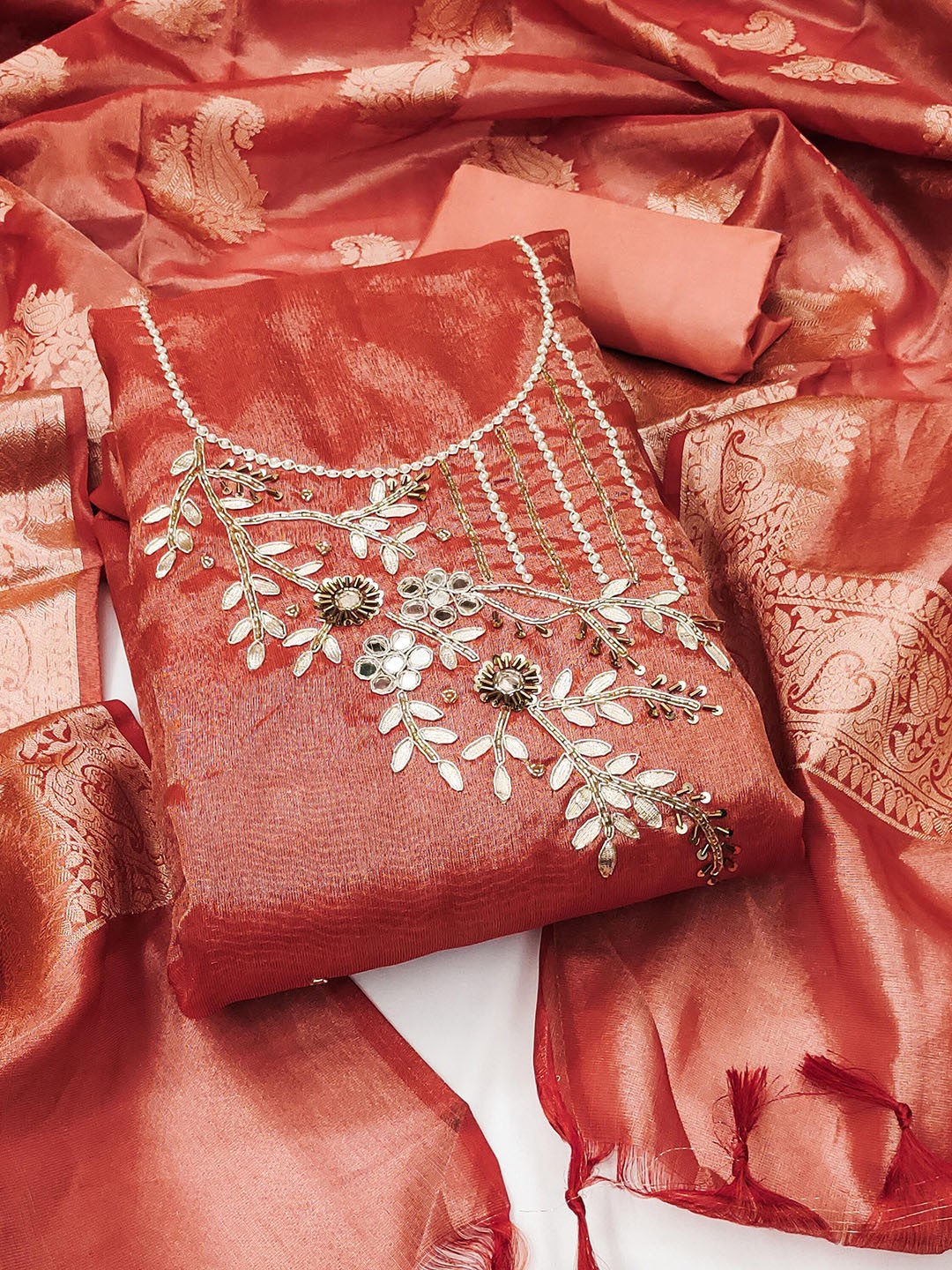 

SAINOOR Floral Embroidered Gotta Patti Semi-Stitched Dress Material, Rust