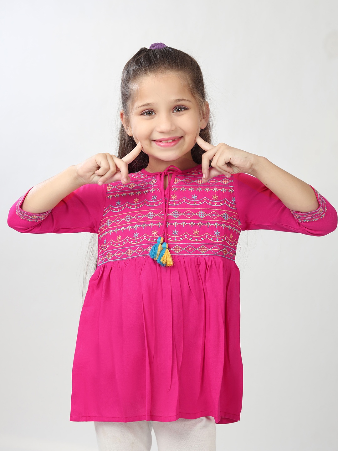 

Miss & Chief Girls Embellished Embroidered Tie-Up Neck Top, Magenta