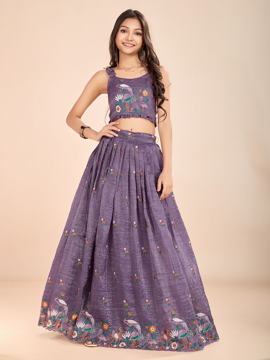 

Tasarika Girls Embroidered Thread Work Ready To Wear Lehenga & Choli, Lavender