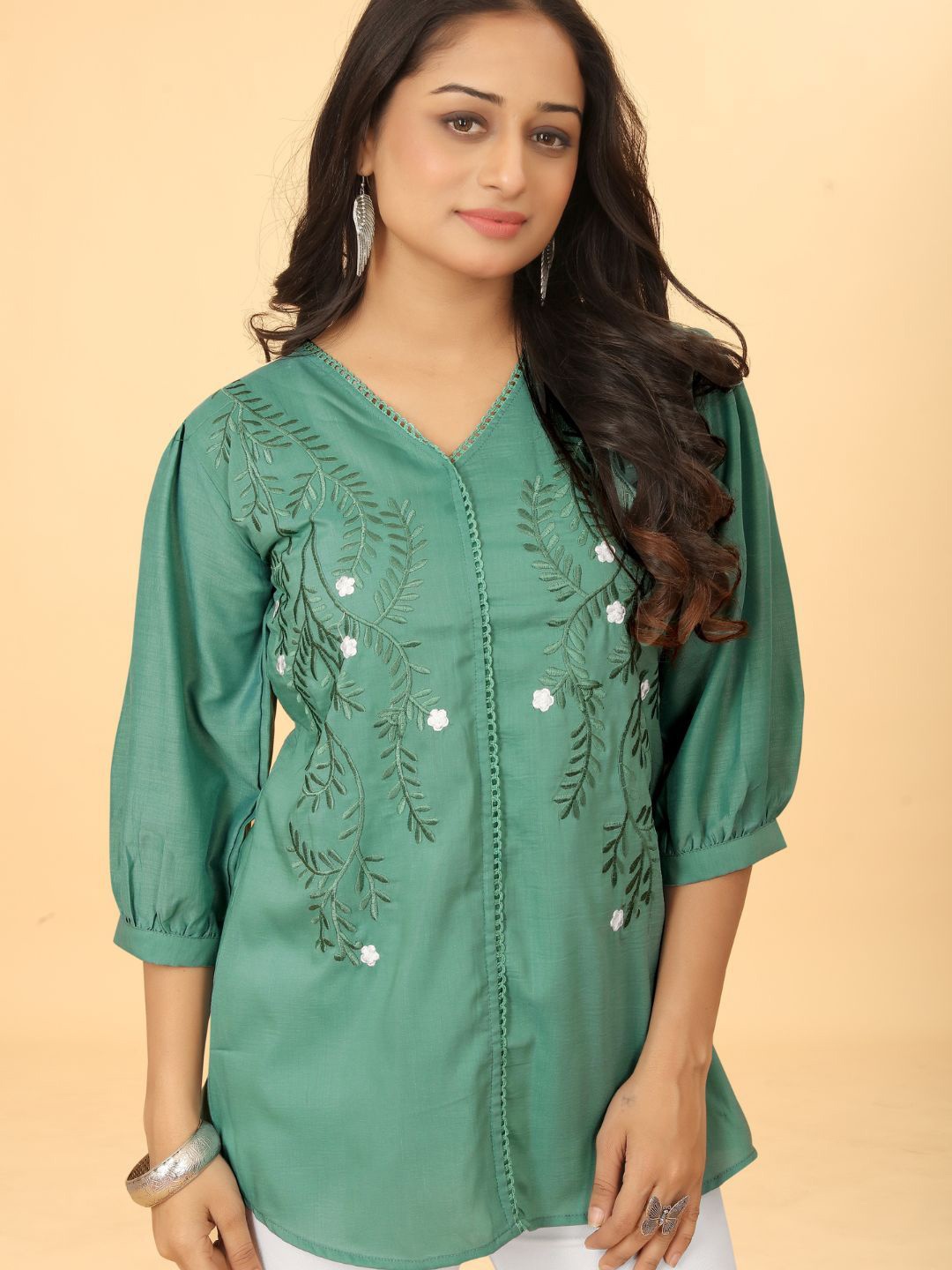 

Kesudi Women Embroidered V-Neck Tunic, Green