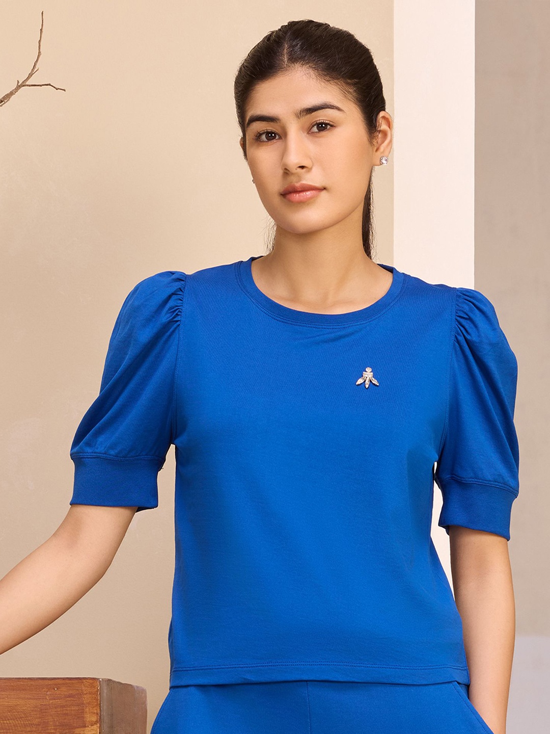 

ALONGE Women Puff Sleeve Cotton Top, Blue