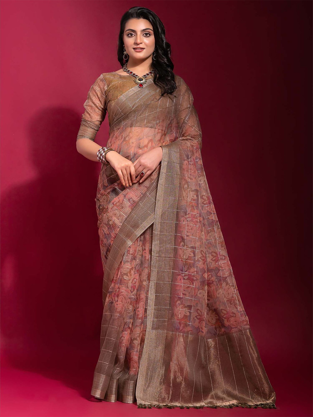 

Saree mall Floral Woven Design Zari Saree With Unstitched Blouse Piece, Peach