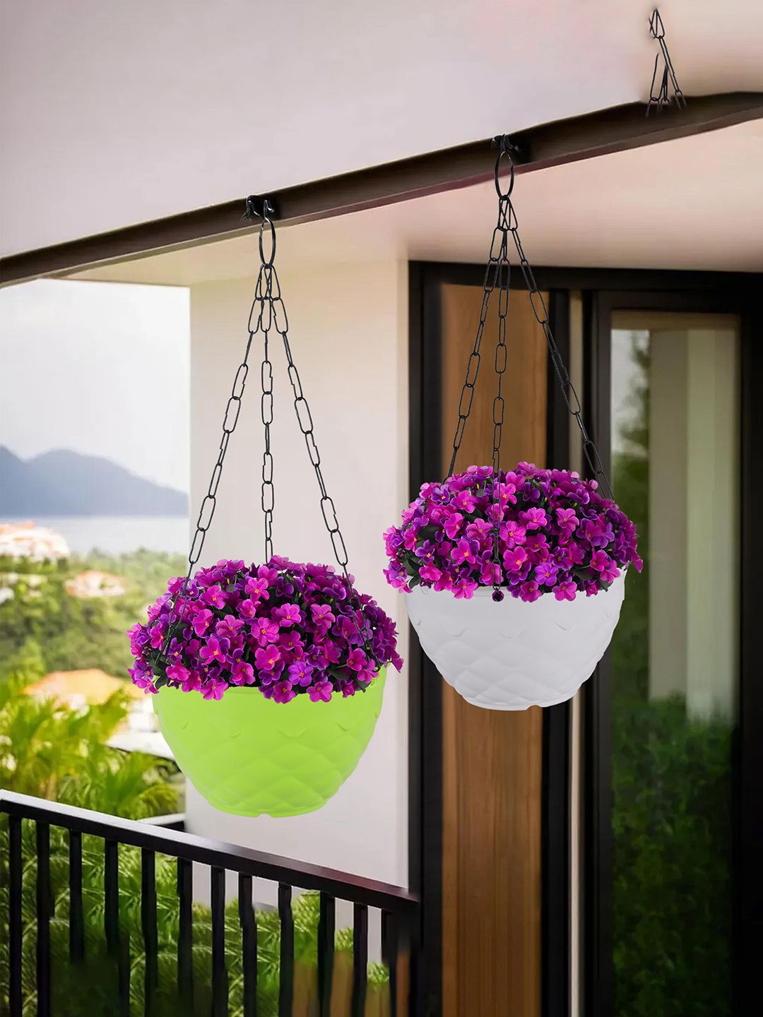 

Kuber Industries White & Green 2 Pieces Textured Hanging Planters