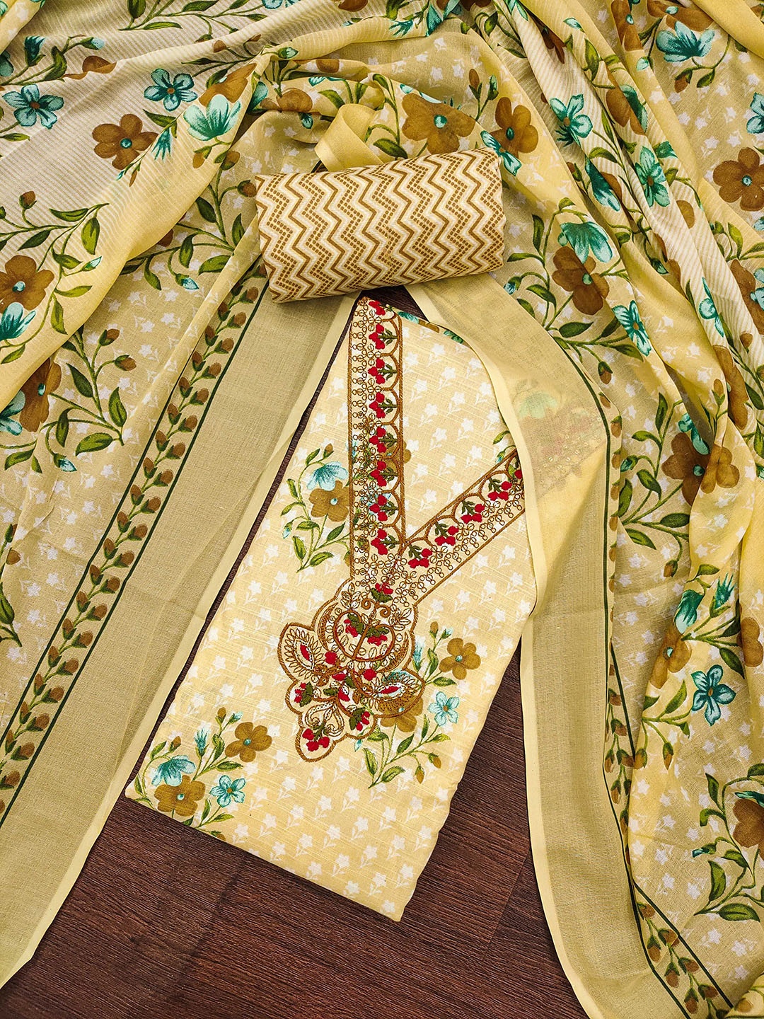 

SAINOOR Embroidered Pure Cotton Unstitched Dress Material, Beige