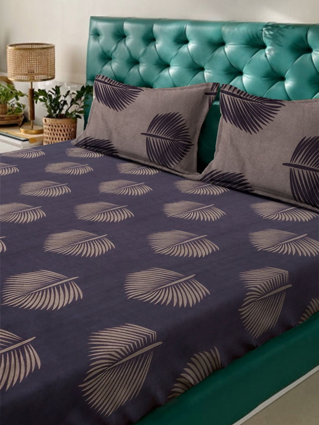 

KLOTTHE Purple & Brown Floral Printed 300 TC Fitted King Bedsheet Set 2.50 m x 2.25 m