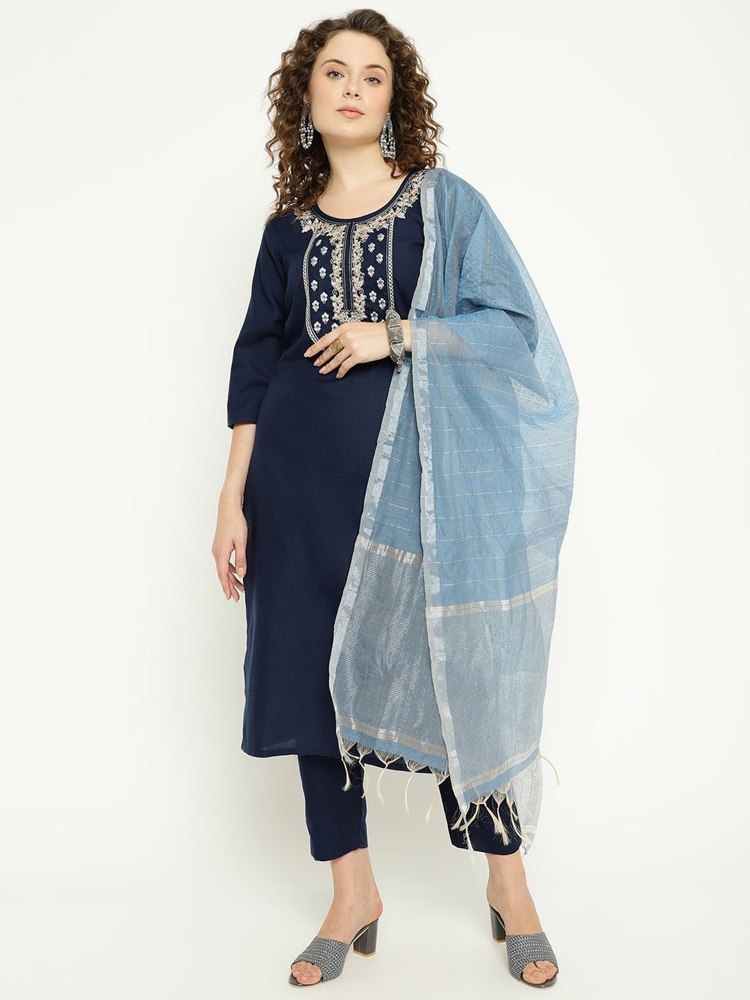 

KALINI Embroidered Round Neck Kurta With Trousers & Dupatta, Navy blue
