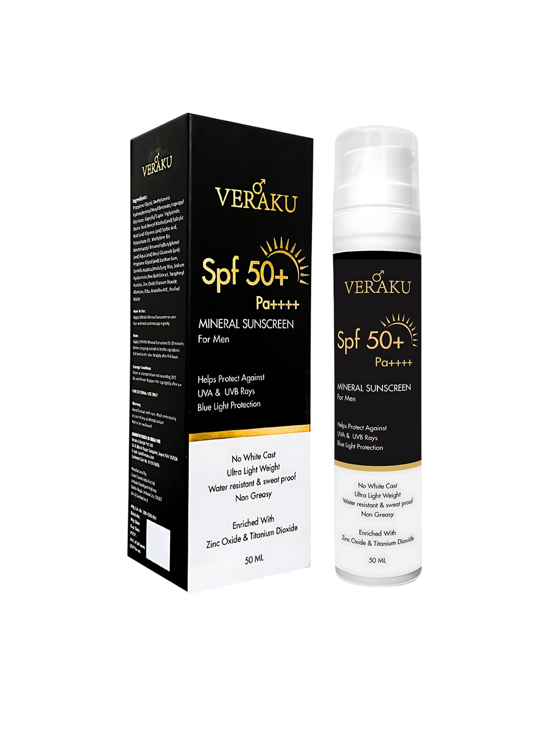 

VERAKU SPF 50 Pa++++ Mineral Sunscreen For Men - 50ml, White