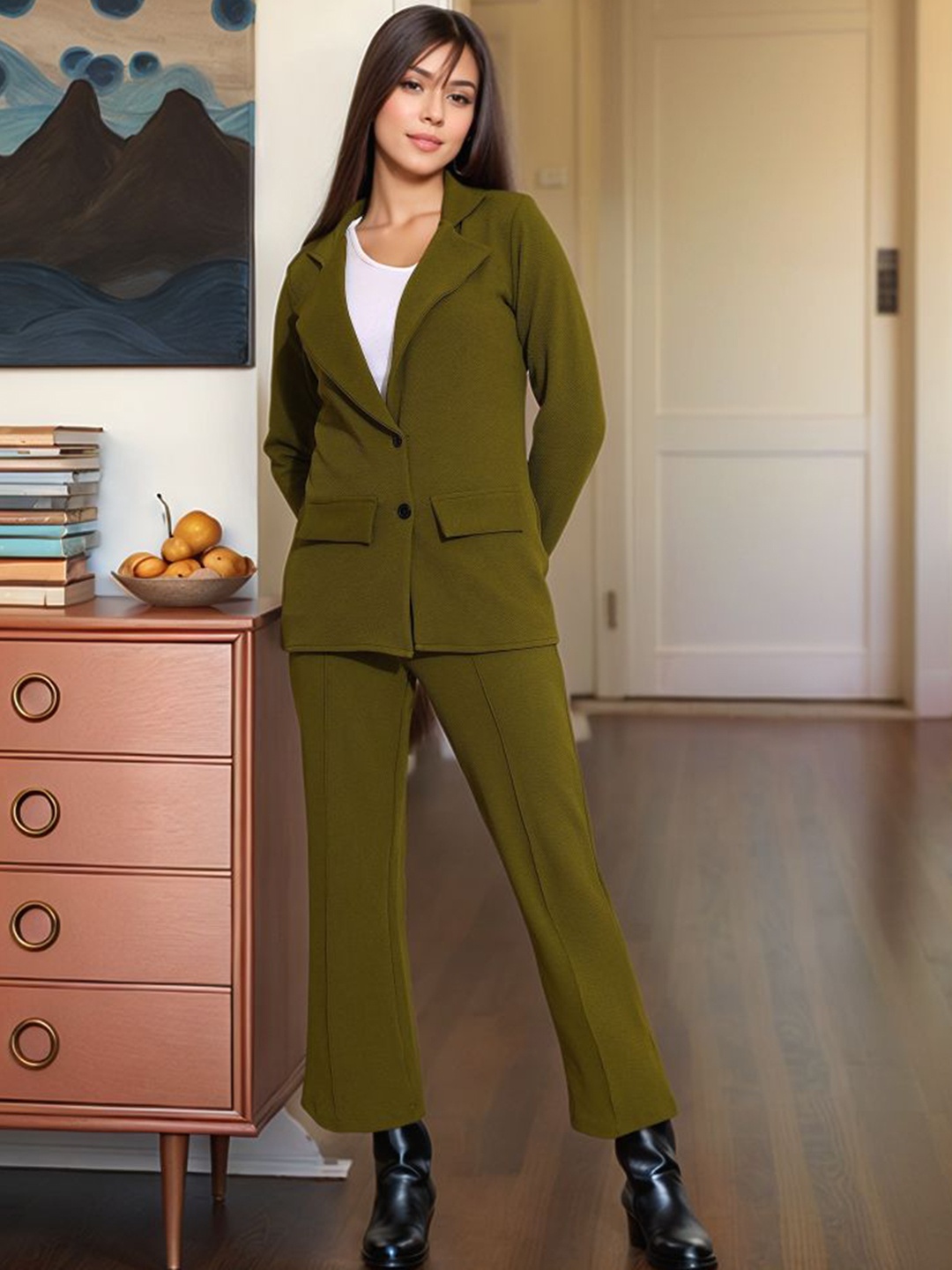 

DressBerry Notched Lapel Collar Blazer With Trousers, Green