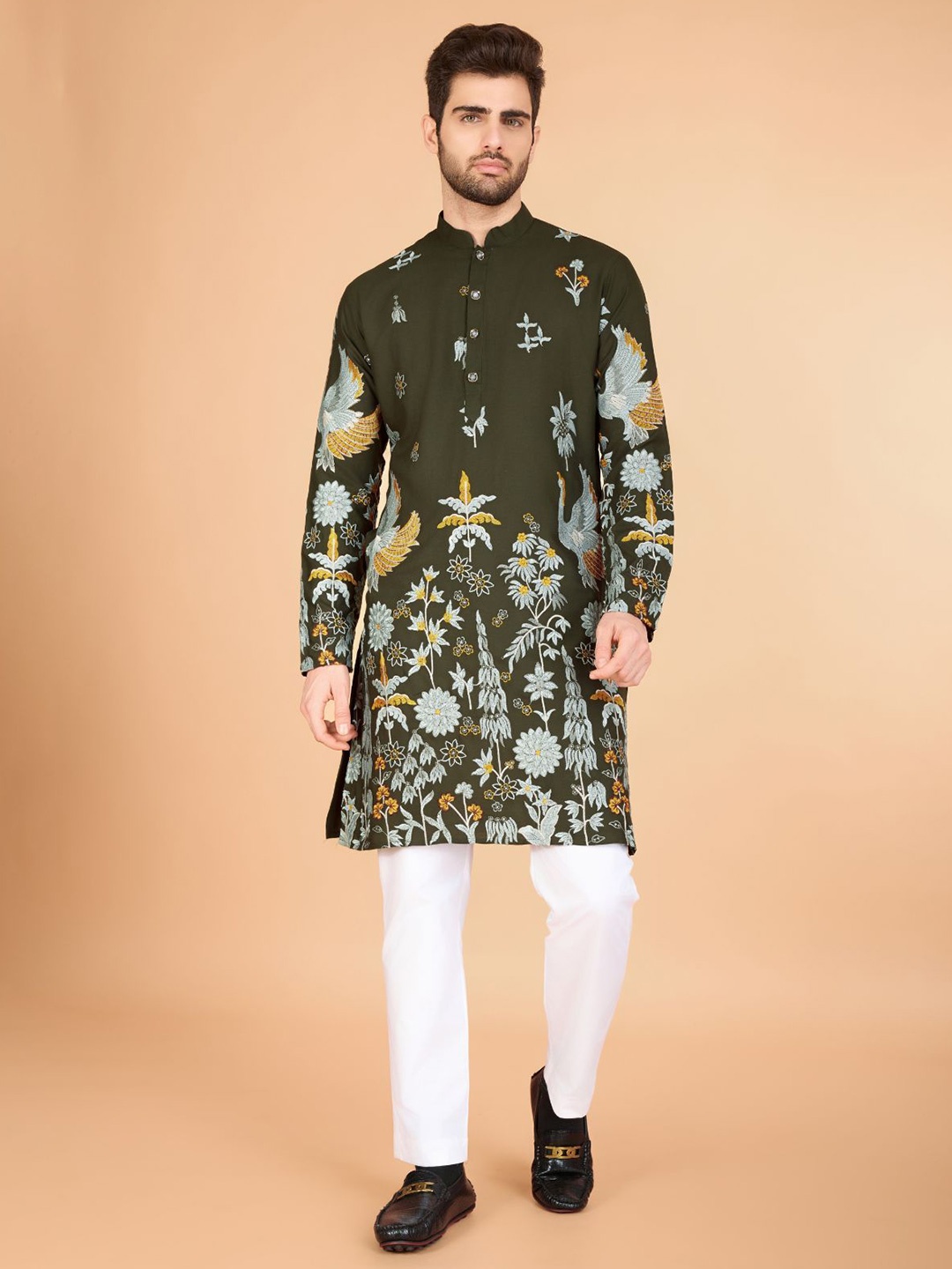 

ODETTE Floral Printed Mandarin Collar Straight Kurta, Olive