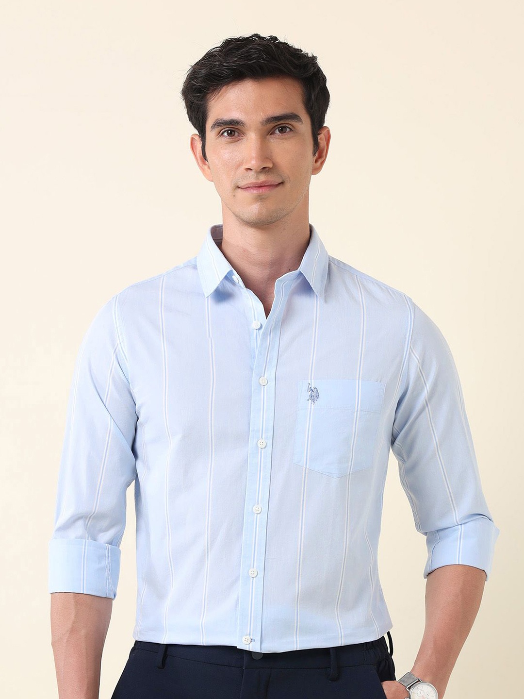 

U.S. Polo Assn. Men Tailored Fit Opaque Striped Casual Shirt, Blue