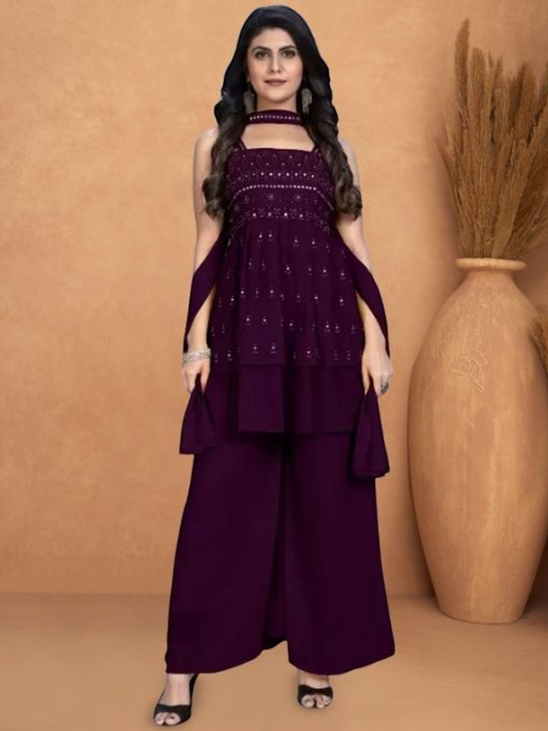 

PARROT CREATION Floral Embroidered Georgette A-Line Kurti With Palazzos And Dupatta, Purple