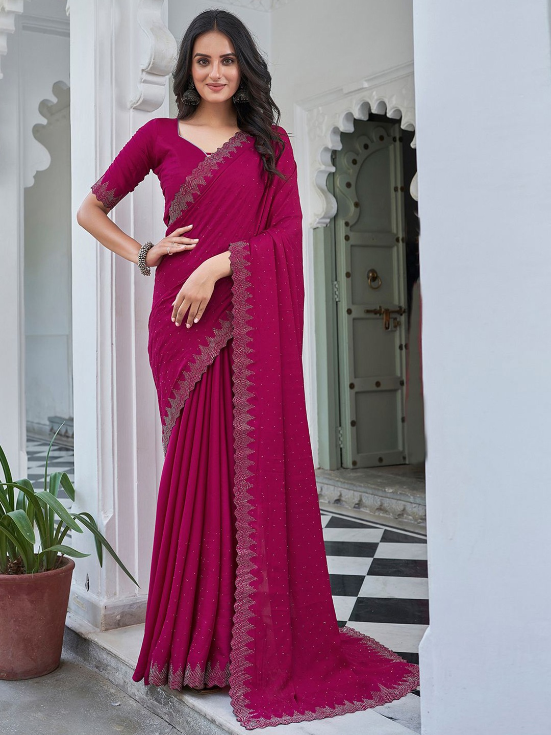 

all about you Embellished Beads and Stones Satin Saree, Magenta