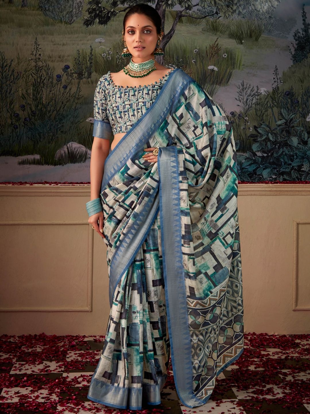 

DIVASTRI Silk Cotton Abstract printed Zari Handloom Tussar Saree, Multi