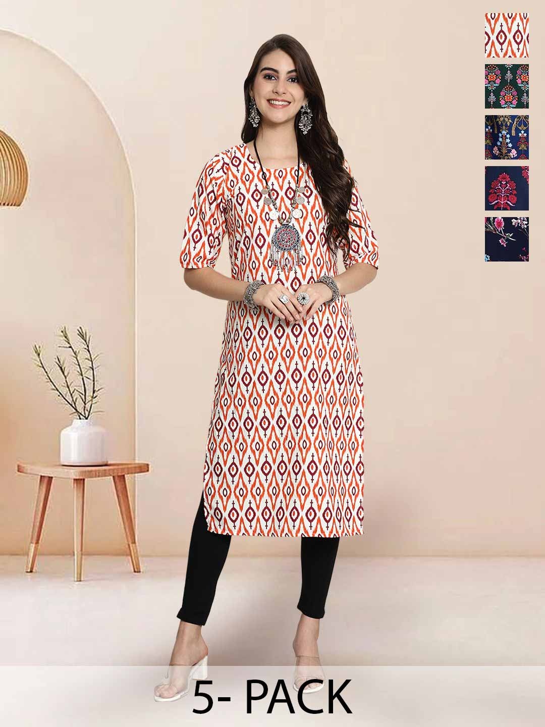

7Threads Selection Of 5 Geometric Printed Round Neck Kurtas, Orange