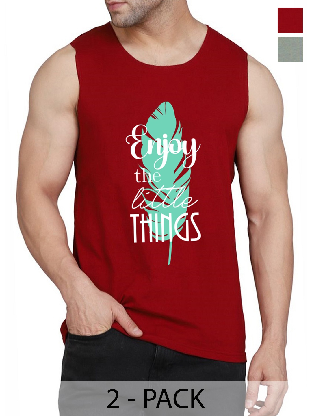 

WOOSTRO Pack Of 2 Cotton Printed Gym Vests, Maroon