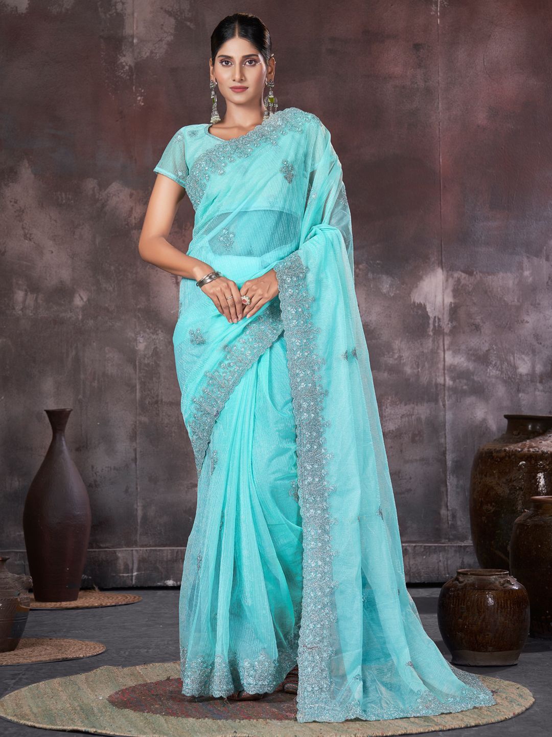 

DIVASTRI Embellished Embroidered Organza Saree, Blue