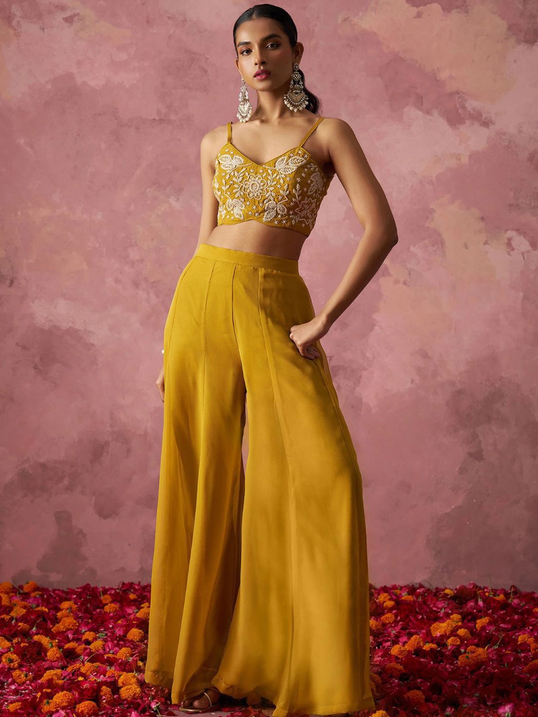 

ALIZEH Floral Embroidered Shoulder Straps Georgette Crop Top With Palazzo And Shrug, Yellow