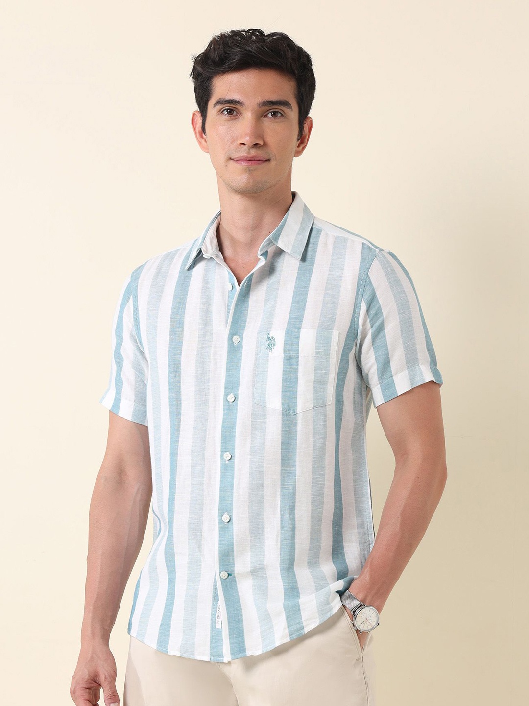 

U.S. Polo Assn. Men Tailored Fit Opaque Striped Casual Shirt, Green