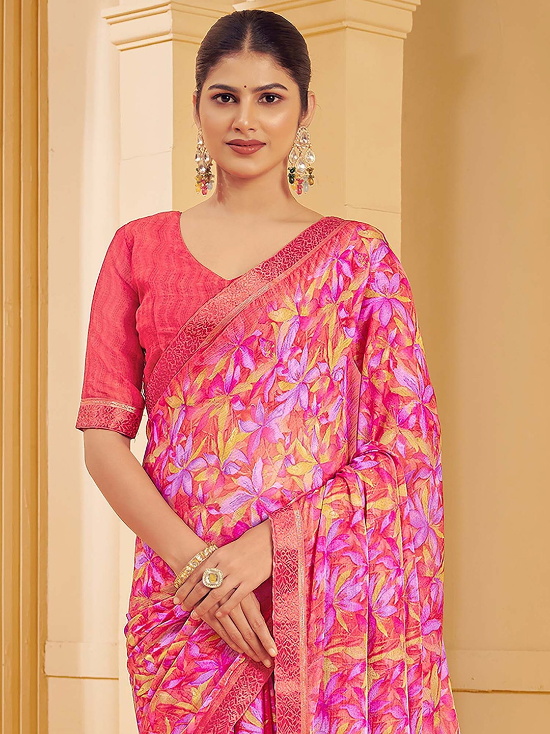 

Anouk Rustic Floral Printed Zari Sungudi Saree, Pink