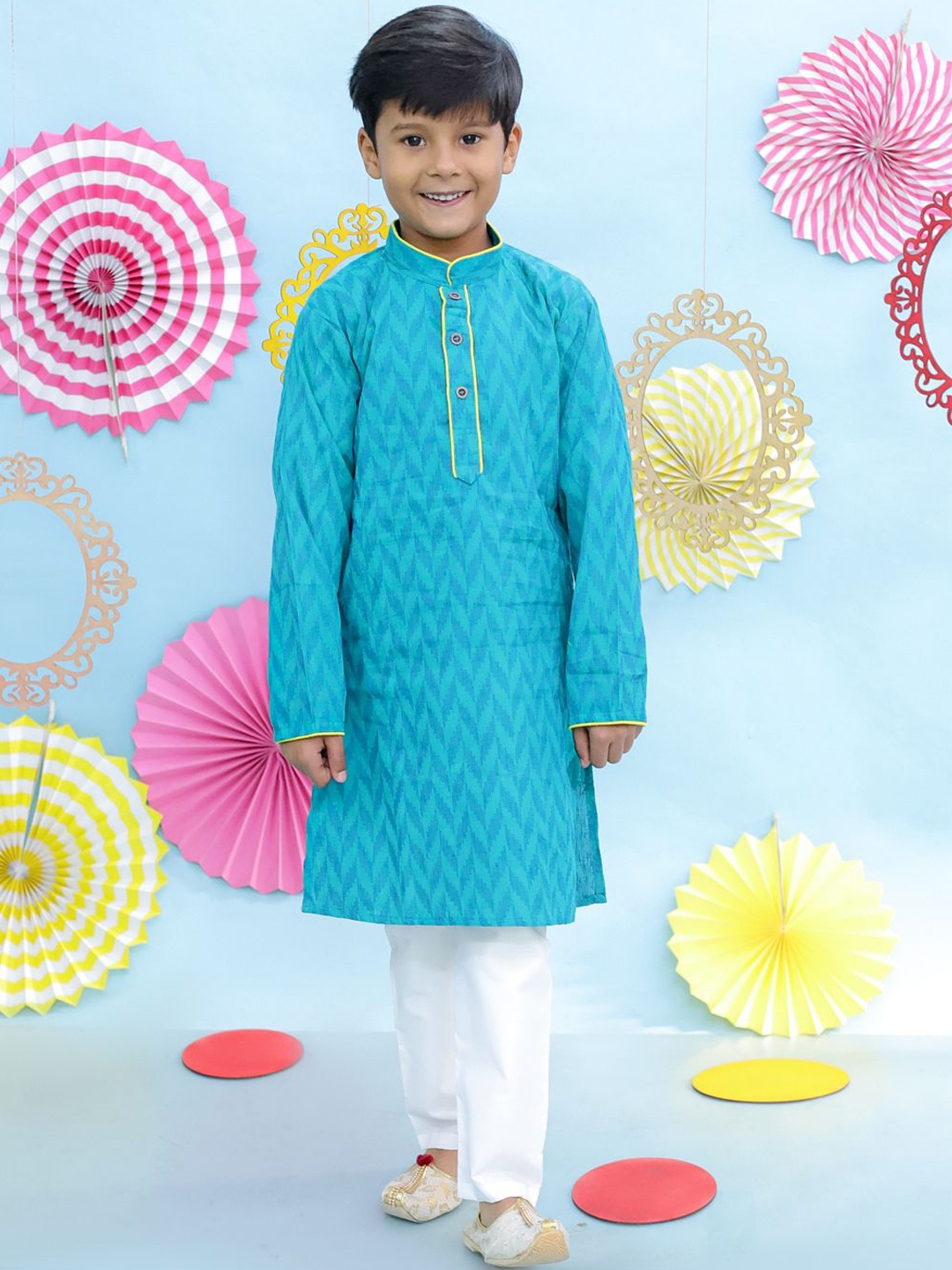 

KID1 Boys Chevron Woven Design Pure Cotton Kurta With Pyjamas, Turquoise blue