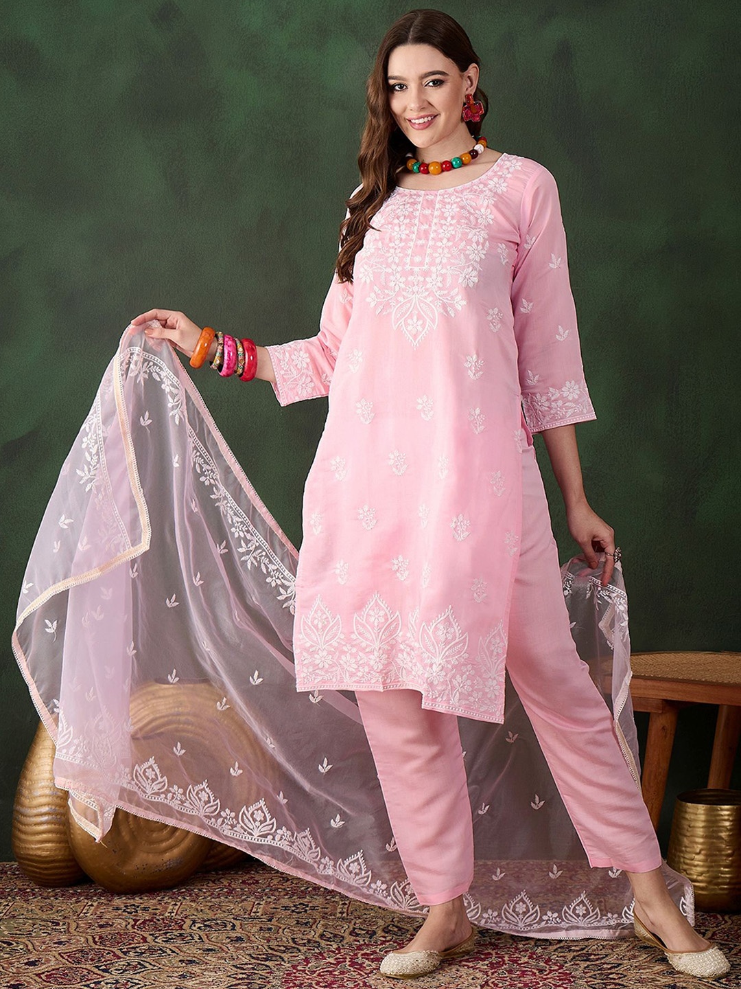 

Maroosh Floral Embroidered Round Neck Thread Work Kurta With Trousers & Dupatta, Pink