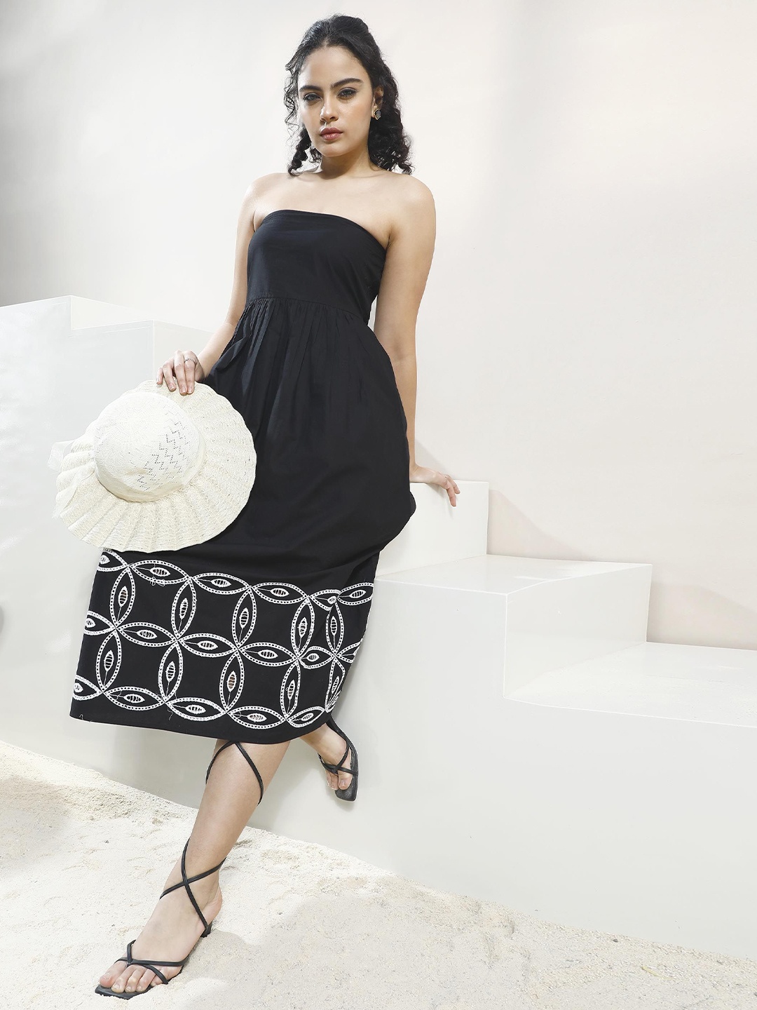 

Boho By Athena Embroidered Smocked Detail Cotton Bandeau Midi Dress, Black