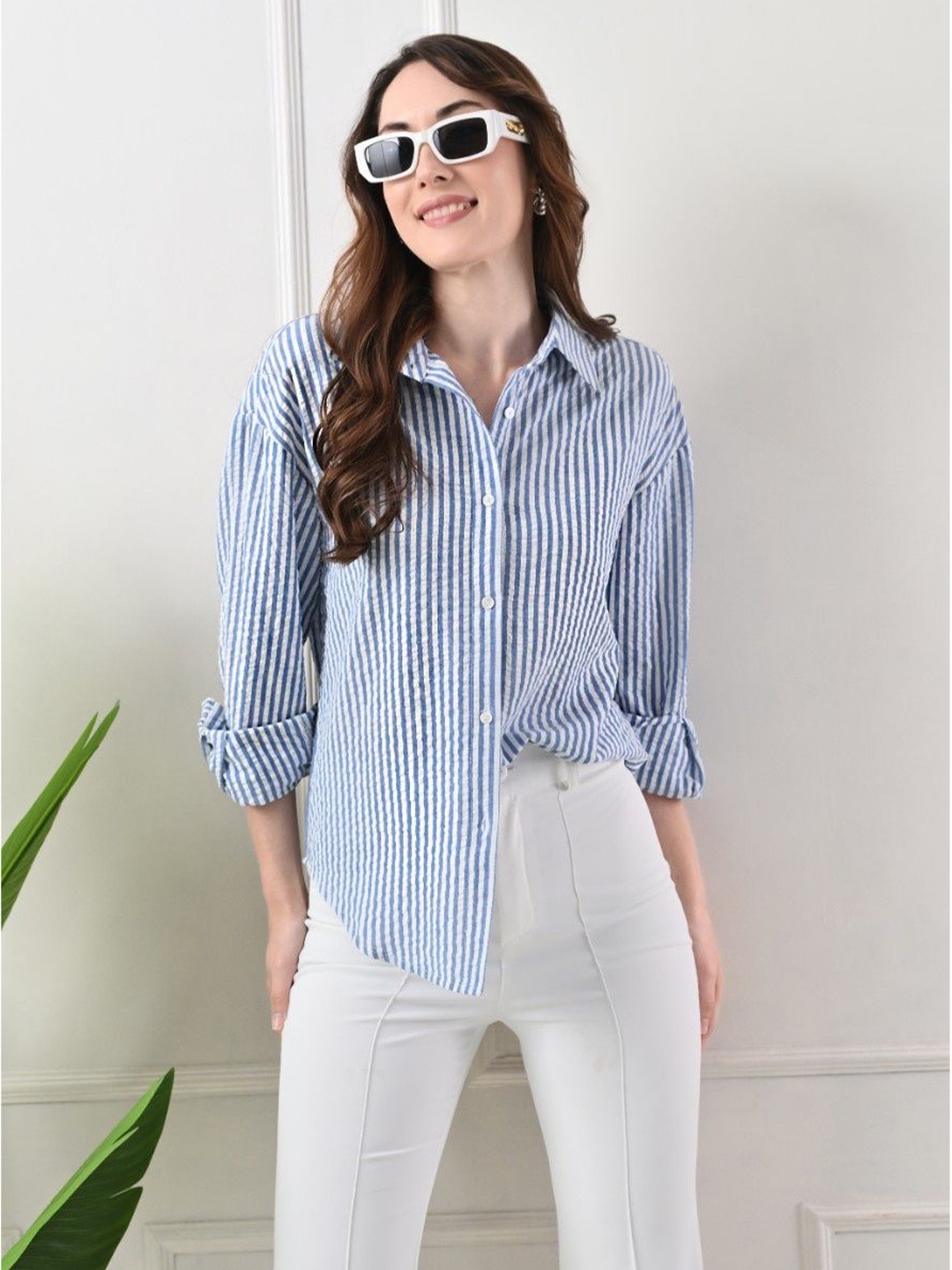 

LABEL REGALIA Women Smart Opaque Striped Casual Shirt, Blue