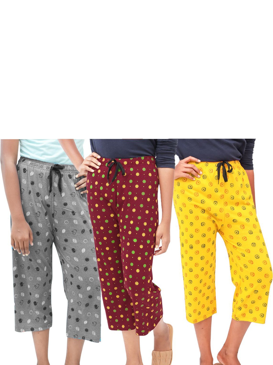 

AFRA GARMENTS Women Pack of 3 Printed Regular Fit Mid-Rise Capris, Grey