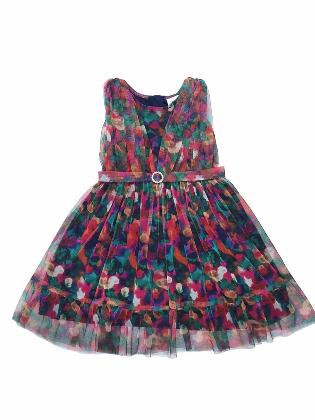 

Doodle Girls Floral Printed Net Round Neck Fit & Flare Dress, Maroon