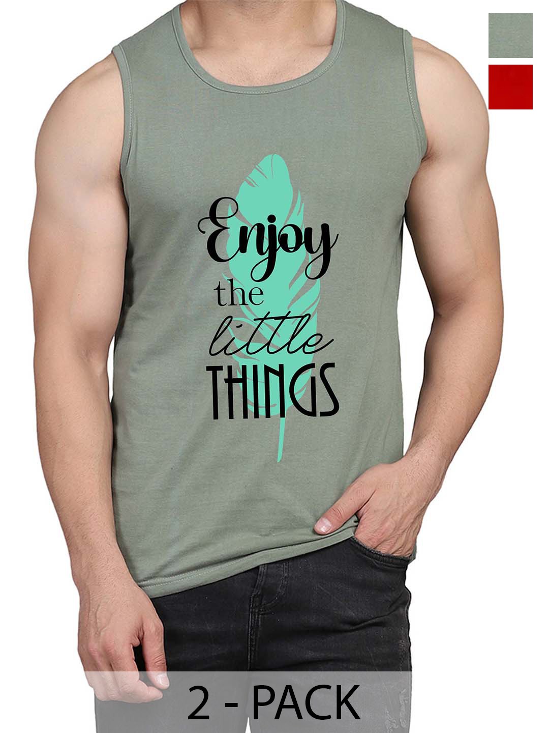 

WOOSTRO Pack Of 2 Printed Gym Vests RS26 (ENJOY LGTGREEN)(RUN RED) vendorHSN, Green
